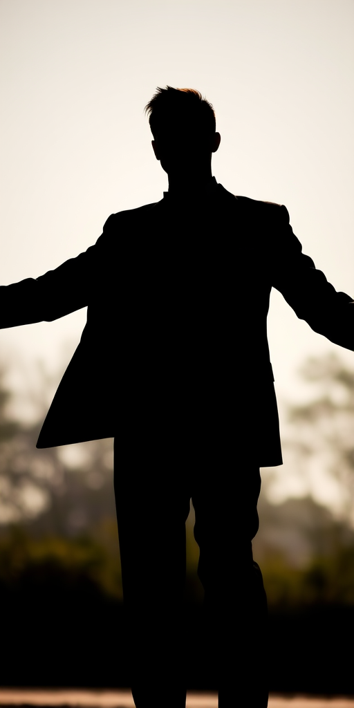 Create a high-resolution silhouette of a person in a tuxedo with one arm outstretched, captured with a DSLR camera, 50mm lens, f/2.8 aperture, ISO 100, shot in natural light from a low angle.