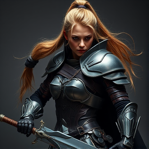 Create a highly detailed image of a female warrior in a sleek, dark armor with a dynamic pose, holding a weapon, using a DSLR camera with a 50mm lens, f/1.8 aperture, ISO 100, shot in a studio with soft lighting and a shallow depth of field.