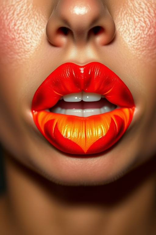 Fiery red lips with flame-inspired ombré effect in orange and yellow, titled "Phoenix Rising," create a bold and powerful appearance with a metallic finish for fierce runway shows