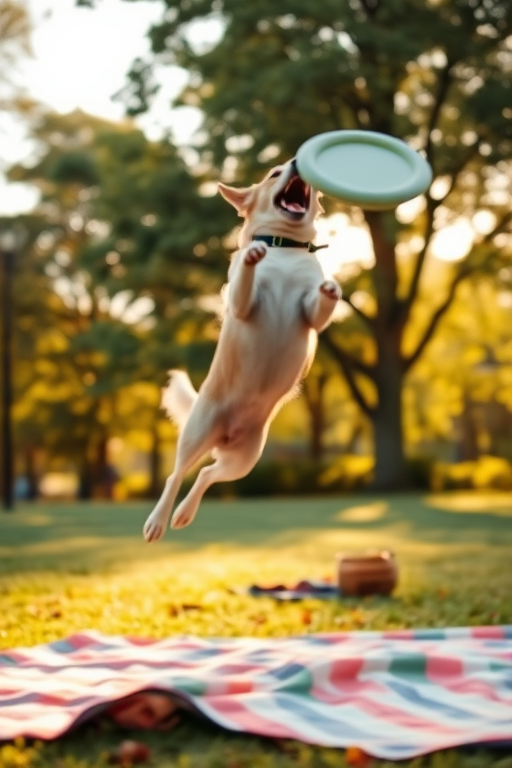 Blurry action shot of a dog leaping to catch a frisbee in a park, its body mid-air, with soft golden sunlight filtering through the trees and a family picnic blanket barely visible in the background.