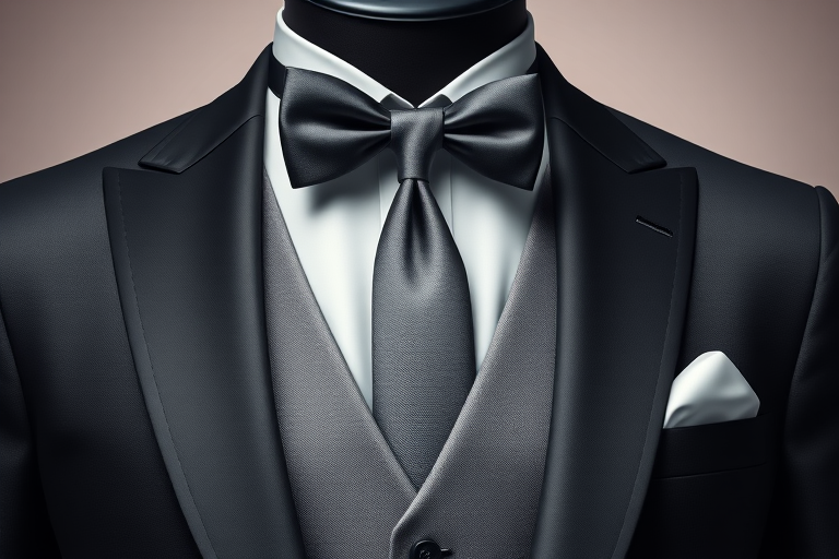 Create a highly detailed digital illustration of a formal tuxedo with a gray vest and tie, set against a soft gradient background, captured with a Canon EOS R5 at f/2.8, ISO 100, 1/200s, using a macro lens for sharpness and clarity, showcasing texture and fabric detail.