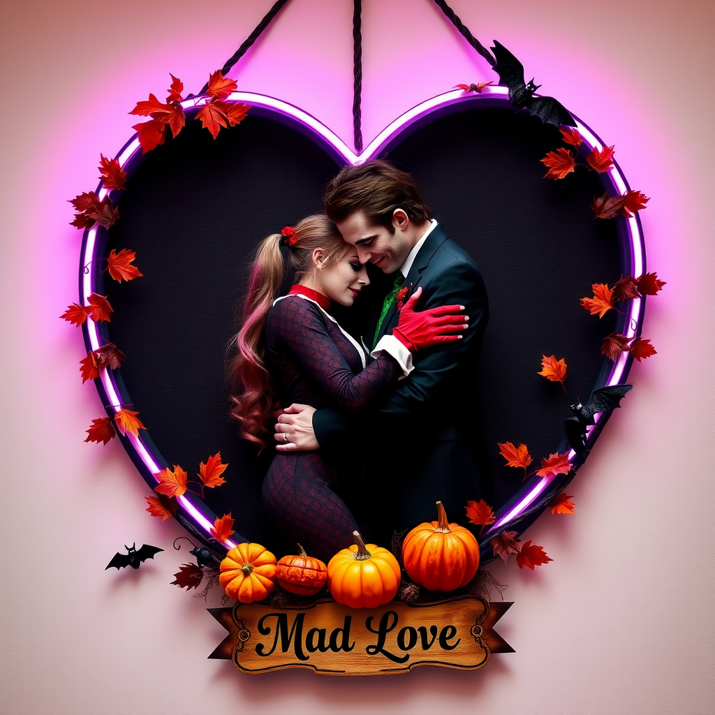 The Joker, neat, wearing a black suit and a beautiful Harley Quinn with long hair, both romantic, hugging and cuddling in the middle of a neon linen black heart frame decorated with dead leaves, bats, and small pumpkins, with a label at the bottom that reads 'Mad Love' made of linen, in a photo realistic style.