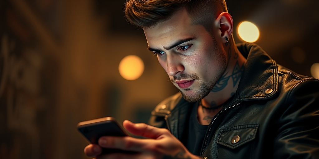 Regenerate a high-resolution image of a young man with tattoos and piercings wearing a leather jacket, focused on his smartphone, taken with a DSLR camera at f/2.8 aperture, 50mm lens, ISO 100, in low light for a cinematic style with a shallow depth of field.
