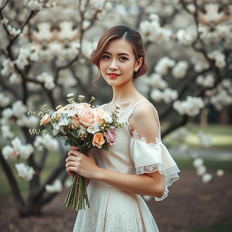 create a vintage-inspired portrait of a woman holding a bouquet of flowers while wearing an elegant dress with lace details, set against a backdrop of flowering trees, in soft pastel colors, with a shallow depth of field, using a Canon EOS R5, 50mm lens, aperture f/1.8, ISO 100, and natural lighting for enhanced image quality.