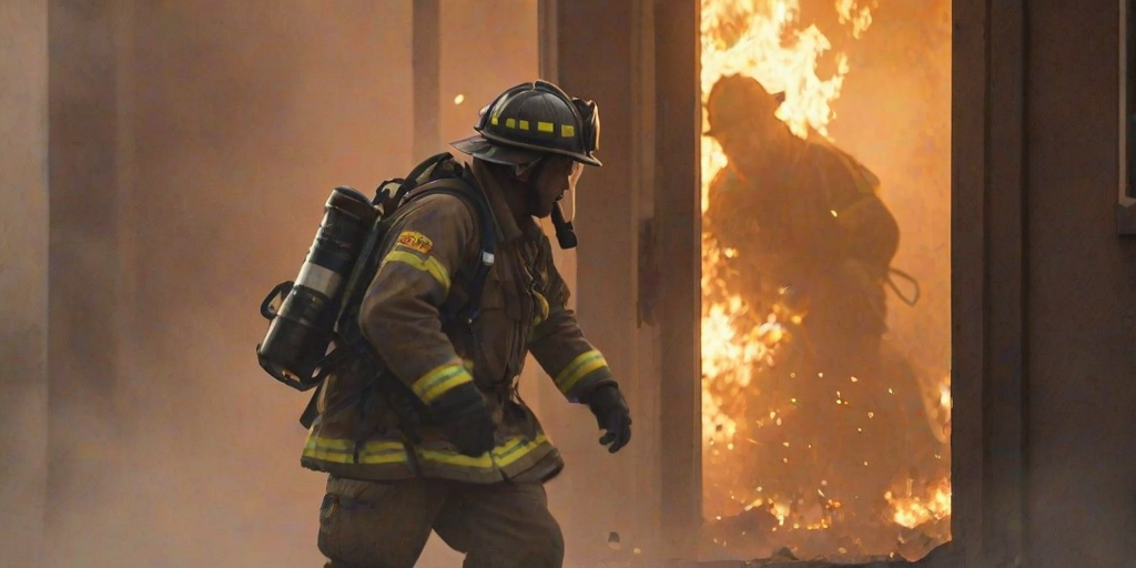 Blurry, action shot of a firefighter emerging from a smoke-filled building, soft light from the flames casting a warm glow, with debris and chaos surrounding the scene.