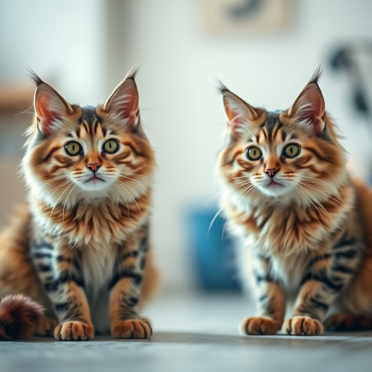 Regenerate an image of two Maine Coon cats in a well-lit indoor setting with a shallow depth of field, using a DSLR camera with a 50mm lens at f/1.8, ISO 100, and a shutter speed of 1/200s.