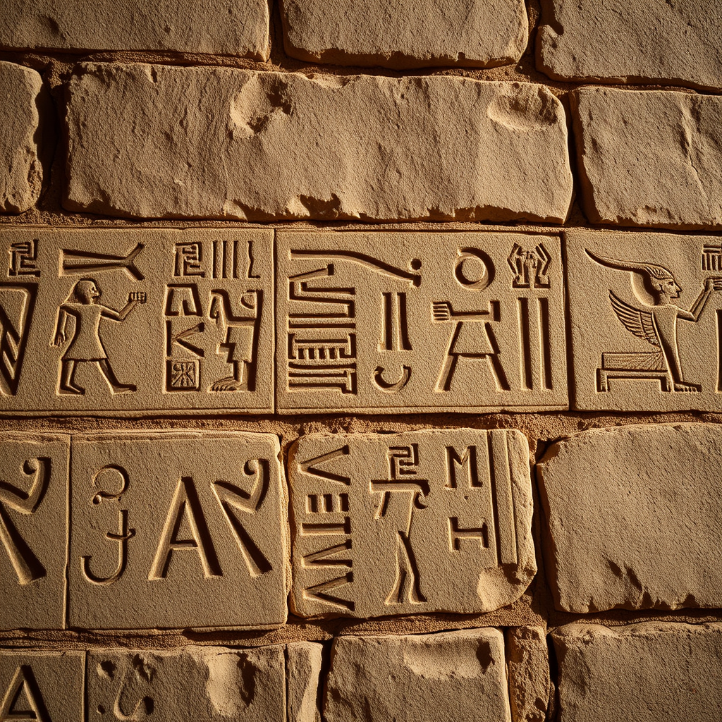 Create a high-resolution image of ancient Egyptian hieroglyphics on a stone wall, captured with a Canon EOS R5, 50mm lens, aperture f/2.8, ISO 100, and a soft diffused natural light for clarity and detail.