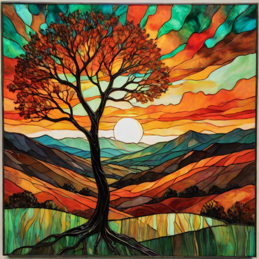 A vibrant abstract painting on Tiffany Glass, blending acrylic and alcohol ink techniques, captures a dramatic sunset over rolling hills. The artwork features a textured, rocky foreground in green and brown, layered abstract hills, and a striking sunset in rich oranges, yellows, and reds. A solitary black tree with intricate branches contrasts against the fiery sky, creating a dynamic and expressive portrayal of a breathtaking natural scene.