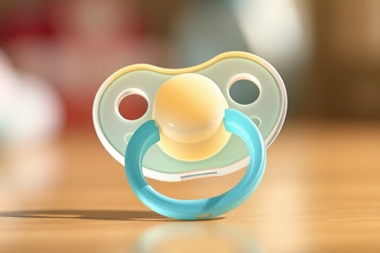 Create a high-resolution digital illustration of a pacifier with a smooth and glossy finish, shot with a Canon EOS R5 at f/4, 1/200s, ISO 100, in a soft-focus background with natural lighting for a vibrant look.