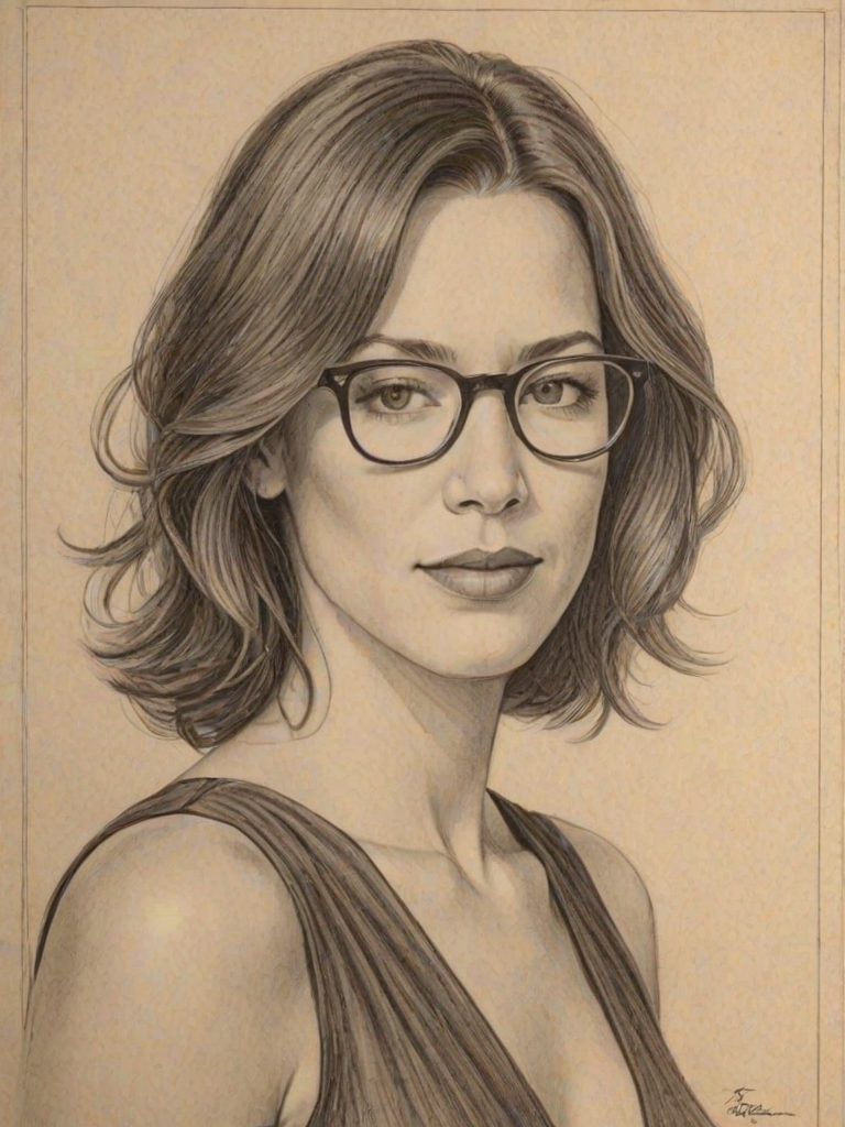 Elegant Brooke Langton, pencil sketch, portrait of Magnificent woman 1925s in glasses, hair style beatnik, outline, clear lines, fine lines, 8k