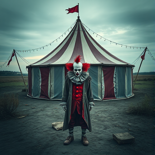 Create a high-resolution image of a creepy clown standing in front of a vintage circus tent in a desolate landscape, using a Canon EOS R5 with a 24mm f/1.4 lens, aperture set to f/4, ISO 100, with a slight vignette effect and dramatic contrast.