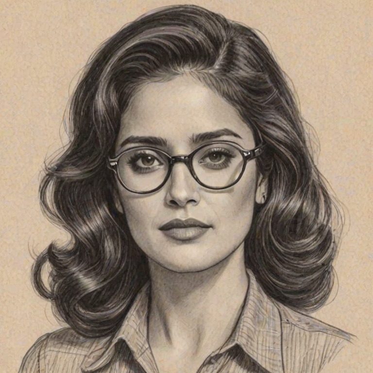 Sublime Salma Hayek, pencil sketch, portrait of Charming woman 1940s in glasses, hair style beatnik, outline, clear lines, fine lines, 8k