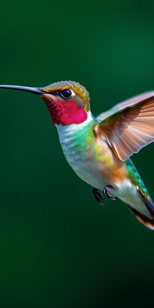 Create an image of a hummingbird in mid-flight with shimmering green and pink feathers against a blurred green background.