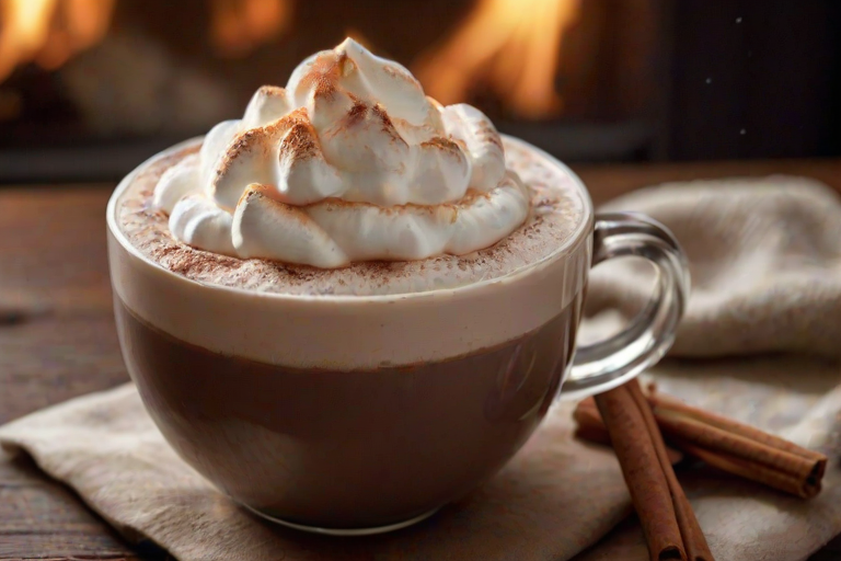 Close-up of a steaming cup of hot chocolate topped with whipped cream, soft light from a nearby fireplace reflecting off the surface, with marshmallows and a cinnamon stick on the side.