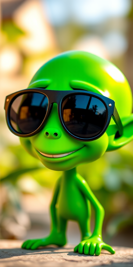 Create a vibrant cartoon character of a green alien with large sunglasses and a big smile, using a DSLR camera with a 50mm lens, aperture f/1.8, ISO 100, natural lighting, and a shallow depth of field for enhanced focus on the alien's features.