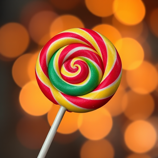 Create a vibrant close-up image of a colorful lollipop on a stick, using a Canon EOS 5D Mark IV, 50mm lens, f/1.8 aperture, ISO 100, with a soft bokeh background featuring warm lights.