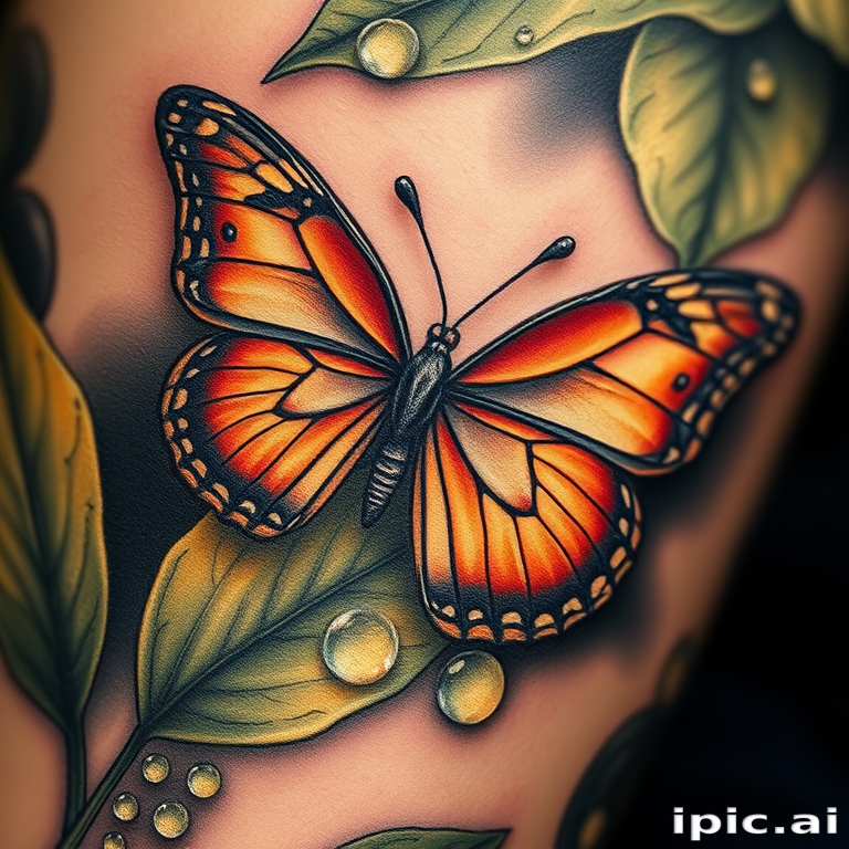Hyperrealistic 3D tattoo depicting a lifelike butterfly perched on a dewdrop-covered leaf, photorealistic details and textures, trompe l'oeil effect creating an optical illusion