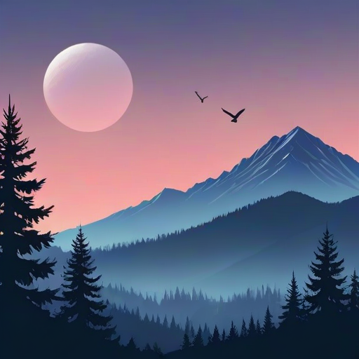 generate a digital art illustration of a tranquil mountain landscape at dawn with a gradient sky transitioning from pink to blue, silhouette of pine trees in the foreground, and birds flying over distant mountains.