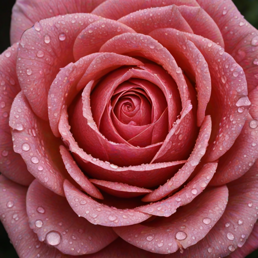 Create an image of a single rose with dew drops on its petals. The rose should be in full bloom and the background should be blurred with a hint of greenery. The rose should be captured from a side angle, showcasing its vibrant color and intricate petal structure.