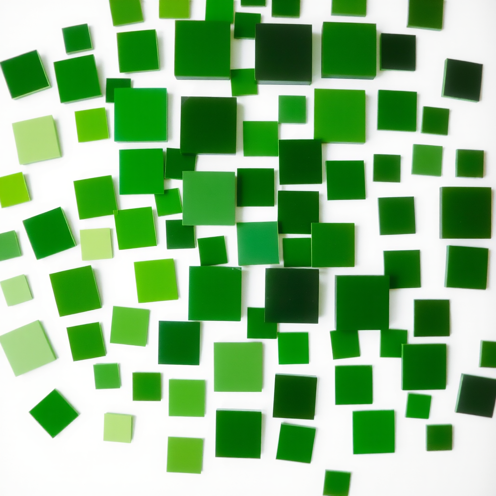 Create an abstract image of varying shades of green squares scattered across a white background, with a soft focus effect, 50mm lens, f/2.8 aperture, ISO 100, and natural lighting.