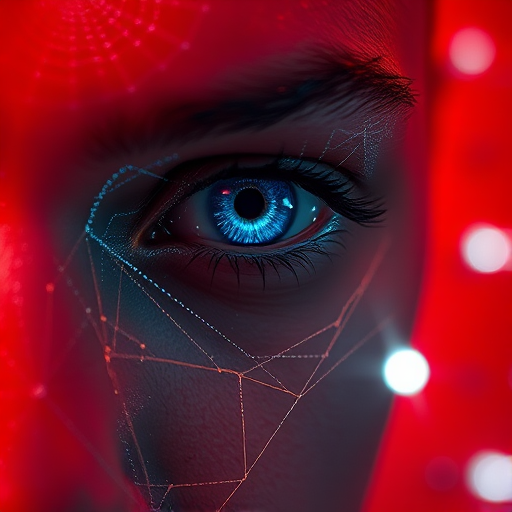 Create a high-resolution portrait of a face with a textured red background, featuring a striking blue eye, spider webs, and ethereal white lights, using a Canon EOS R5 with a 50mm f/1.2 lens, aperture set to f/1.8, ISO 100, and a shallow depth of field to enhance details and create a dramatic effect.
