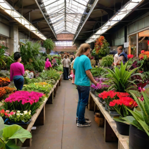 Vibrant indoor plant market, with shoppers browsing a variety of exotic plants, the scent of fresh soil filling the air, and colorful flowers adding to the lively atmosphere.
