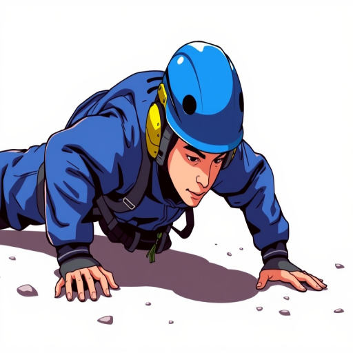 Illustration of a person in a blue climbing helmet and a blue jumpsuit, crawling forward on the ground, vector style, high-resolution, bright colors, wide-angle view, digital illustration, using soft shadows for depth, created with a Wacom tablet.