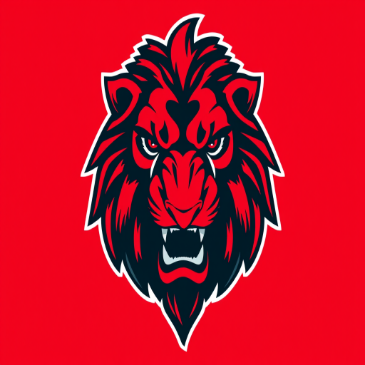 Generate a detailed, high-resolution illustration of a fierce lion's head logo with vibrant red and black colors, using a digital art style with a 50mm lens, f/1.8 aperture, ISO 100, and studio lighting for enhanced contrast and clarity.