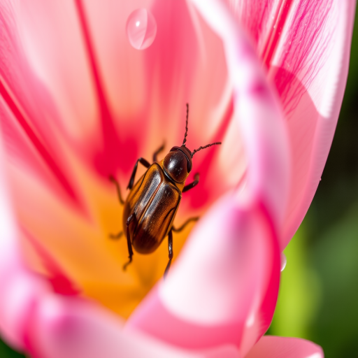 Close-up of a pink and white tulip with a beetle inside, dewdrops on the petals, soft natural lighting, f/4 aperture, 1/200 sec shutter speed, ISO 100, macro lens, DSLR camera, shallow depth of field, bright and vibrant colors.