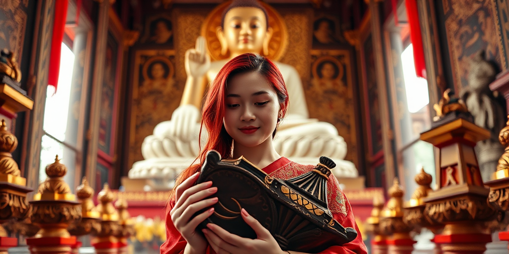 Create an image of a young woman with red-tinted hair holding a ceremonial object, set in an ornate temple with a giant Buddha statue in the background, using a full-frame DSLR camera at f/1.8 aperture, ISO 200, 50mm lens, natural lighting to create a cinematic feel with a shallow depth of field.