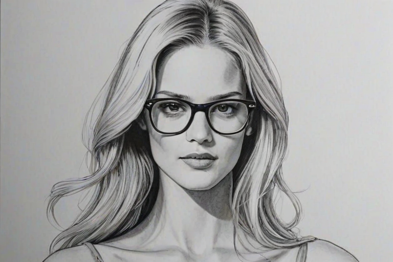 Graceful Erin Heatherton, pencil sketch, portrait of Pleasing woman 1972s in glasses, hair style beatnik, outline, clear lines, fine lines, 8k
