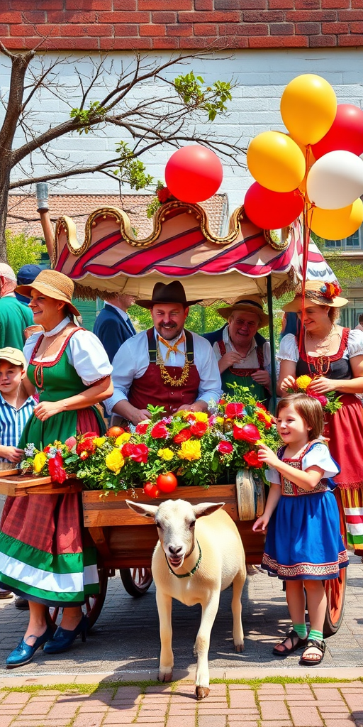 Create a vibrant mural of traditional German folk characters celebrating with a decorated cart, include people in traditional attire dancing, carrying balloons, and a child playing with a goat, shot with a Canon EOS R5 at f/5.6, ISO 100, 24mm lens, natural light for bright colors and sharp details.
