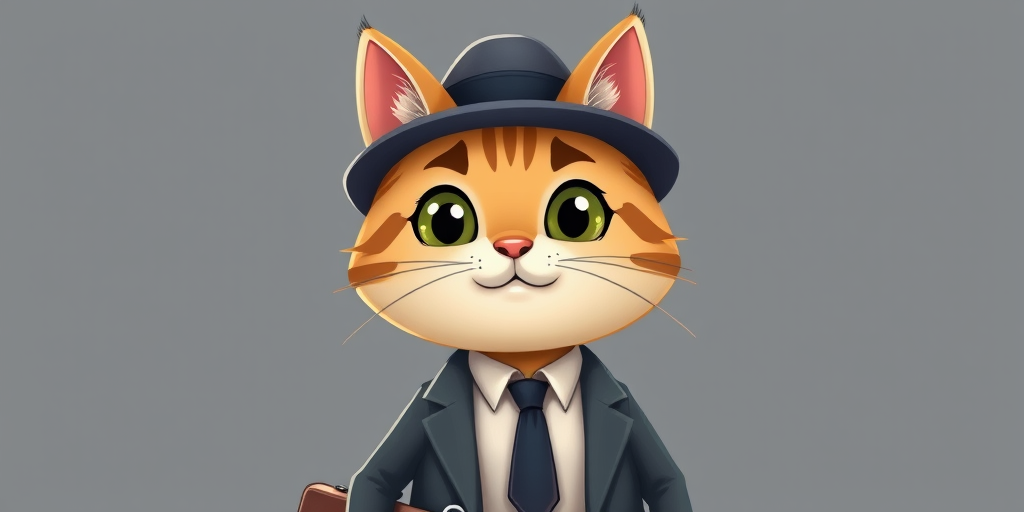 Create a cute cartoon cat character dressed in a suit with a tie and a hat, holding a briefcase, in a high-resolution digital format, shot from a frontal view, using a DSLR camera with an aperture of f/2.8, ISO 100, and shutter speed of 1/125s for optimal clarity and detail.