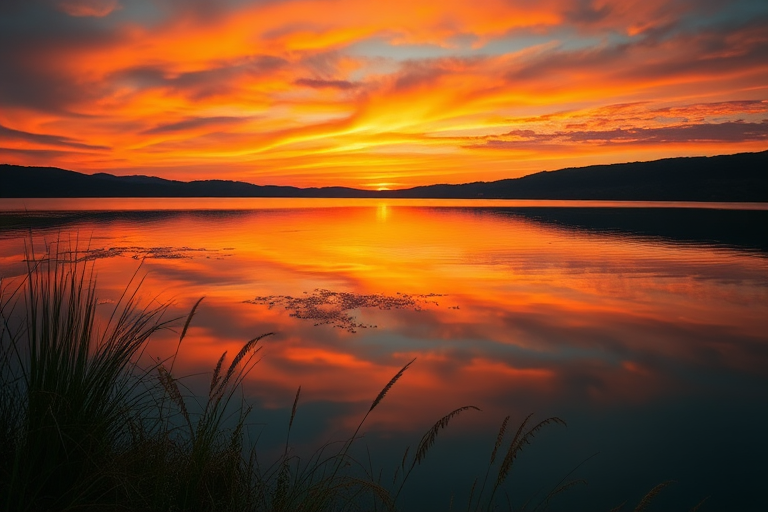Create a high-resolution image of a sunset over a serene lake with vibrant colors, captured with a Canon EOS R5, 24mm f/1.4 lens, ISO 100, aperture f/11, shutter speed 1/60s, using a wide-angle view to enhance the foreground reflections and dramatic sky.