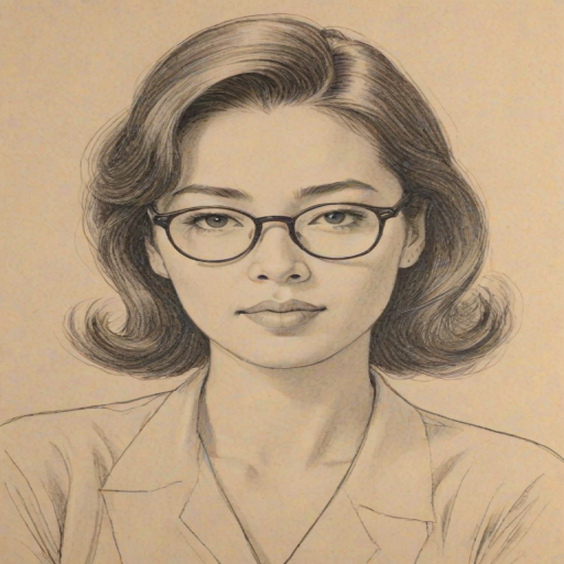 Fetching Eleanore Matsuura, pencil sketch, portrait of Exquisite woman 1949s in glasses, hair style beatnik, outline, clear lines, fine lines, 8k