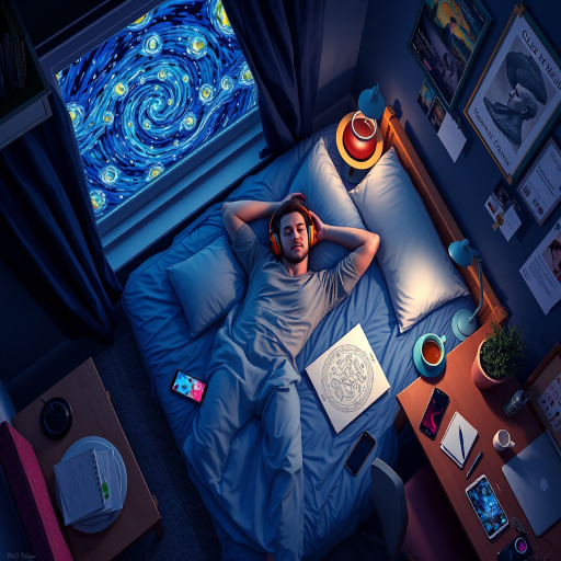 A top-down Van Gogh-style painting of a young man lying on his bed, listening to music with headphones. The room is softly lit with deep blues and purples, creating a peaceful nighttime atmosphere. The bed has a soft pillow, and the man's arms are resting behind his head. Around the bed, various glowing gadgets such as a smartphone, a laptop, and a small lamp are visible, casting a gentle light. The rest of the bedroom includes a desk with books, a chair, and a small rug on the floor. A window near the bed reveals a starry night sky with swirling stars, reminiscent of Van Gogh's 'Starry Night.' On the desk, there is a sketchbook with colorful drawings, a cup of coffee steaming gently, and a small potted plant. The walls have posters of famous paintings and a corkboard with pinned notes and photos. The scene is full of dynamic, swirling brushstrokes, capturing the essence of Van Gogh's unique style. The overall mood is serene and contemplative, with a touch of artistic inspiration.
