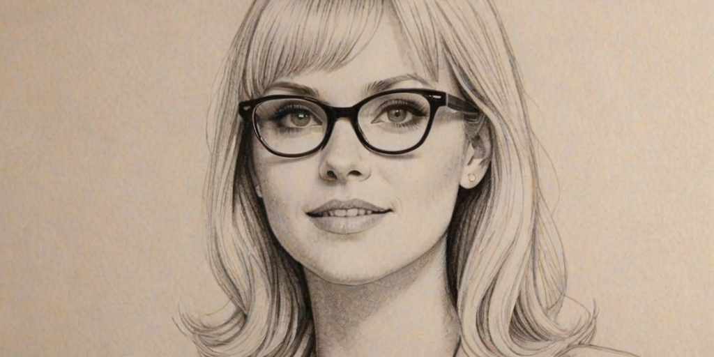 Beauteous Anna Faris, pencil sketch, portrait of Delightful woman 1953s in glasses, hair style beatnik, outline, clear lines, fine lines, 8k