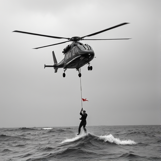 Create a dramatic black and white image of a rescue scene with a helicopter hovering above a person being lifted from the ocean, use a wide-angle lens with a shallow depth of field, set aperture to f/2.8, ISO 400, and shutter speed 1/1000s, capturing the intensity of the moment with high contrast and sharp details.
