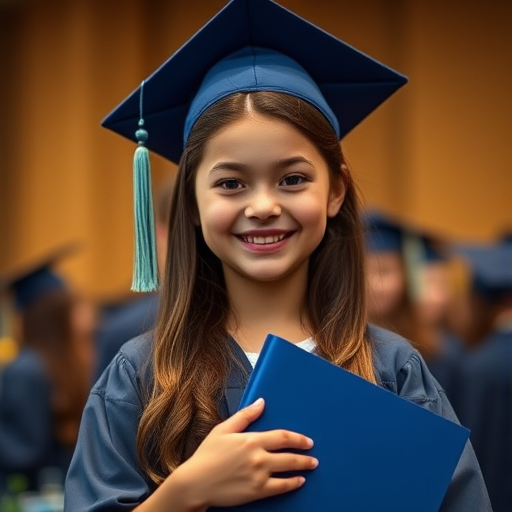 Portrait of a young girl smiling and holding a blue folder, indoor graduation ceremony setting, shallow depth of field, 50mm lens, f/1.8 aperture, ISO 200, natural lighting, focus on the girl's face, slightly above eye level, warm colors.