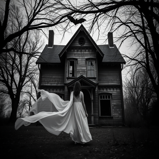Create an eerie scene featuring a woman in a flowing white dress standing in front of an old, dilapidated house with dark tree branches surrounding it, include a bat flying above her, shot with a Canon EOS R5 at f/2.8, ISO 100, 35mm lens in moody black and white with a shallow depth of field.