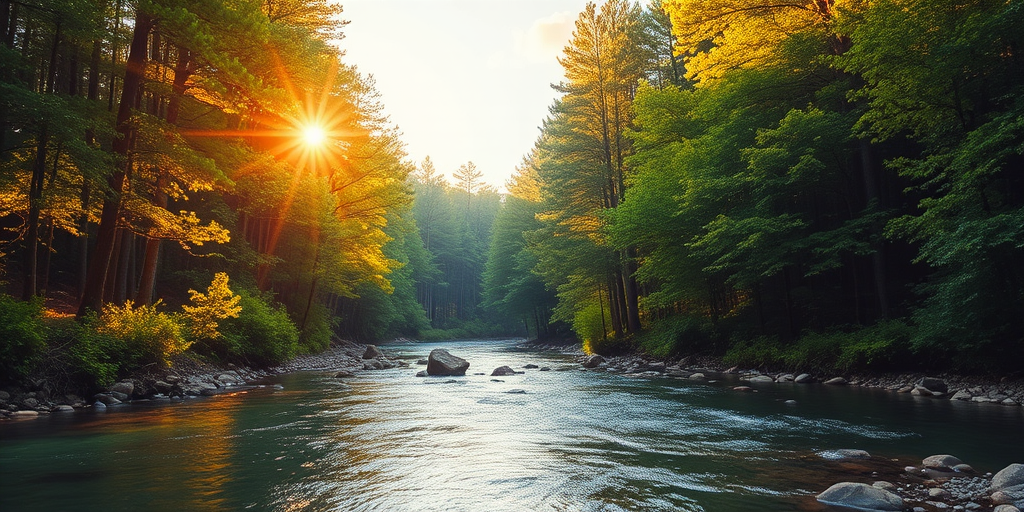 Create an image of a serene, sunlit forest scene with a clear, gently flowing river. Tall trees with lush green foliage line both sides of the river, their leaves bathed in the warm golden light of the setting or rising sun. The sunlight filters through the trees, casting soft, dappled light on the river, which flows over smooth rocks and pebbles, creating a peaceful, natural atmosphere. The sky is bright with a few scattered clouds, and the overall mood is tranquil, evoking a deep sense of connection with nature. The image captures the beauty of a calm, pristine forest landscape at either dawn or dusk.