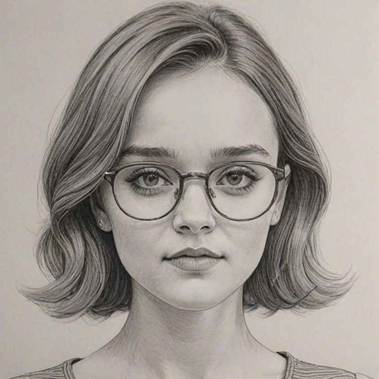 Charming Olivia Cooke, pencil sketch, portrait of Attractive woman 1964s in glasses, hair style beatnik, outline, clear lines, fine lines, 8k