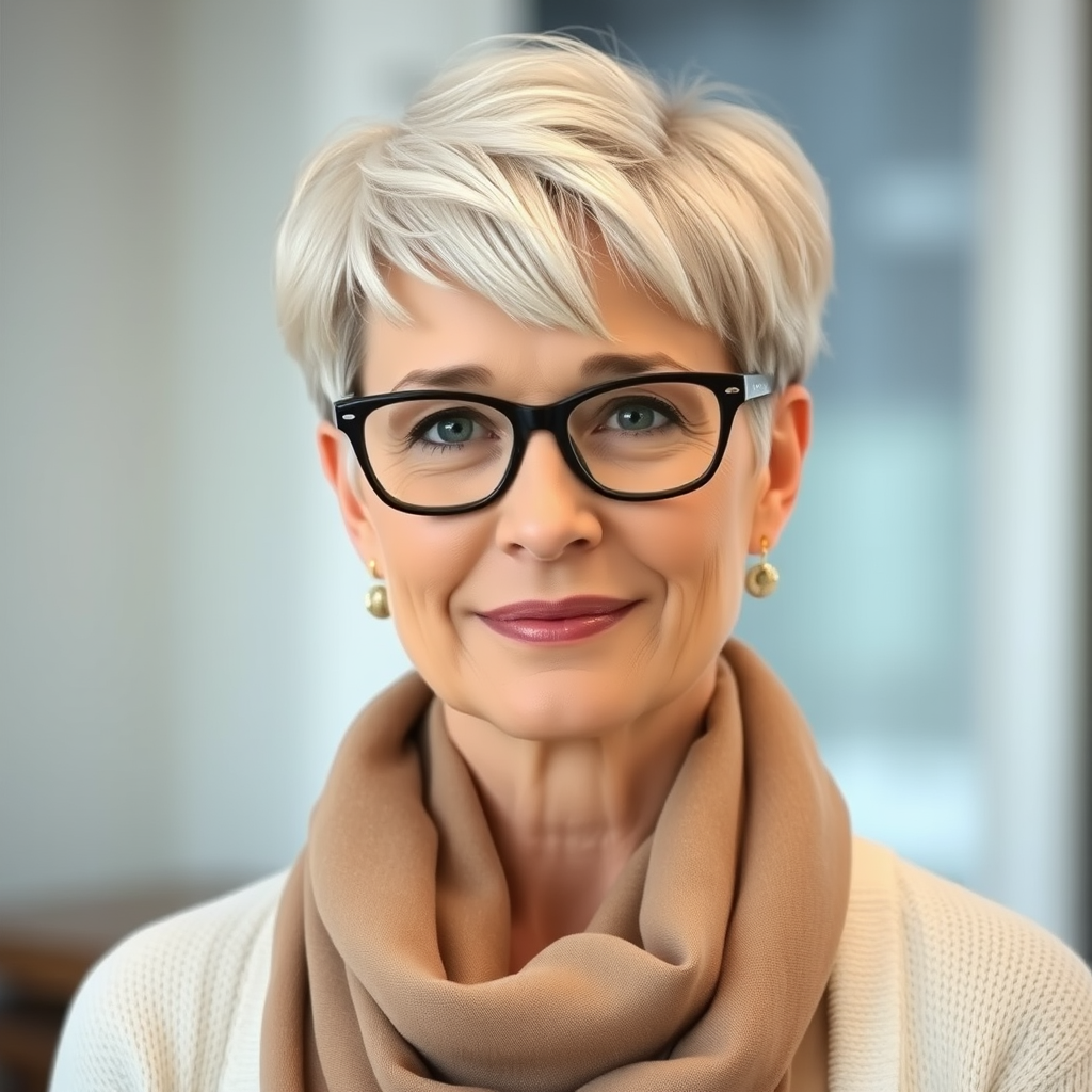 Portrait of a mature woman with short silver hair, styled in an asymmetrical pixie cut with side bangs. She wears black-framed glasses and a beige blouse with a white cardigan over it, as well as a bulky scarf in neutral tones. The woman is indoors with soft lighting and a blur in the background. Her expression is serene and confident, highlighting her elegance and modern style.