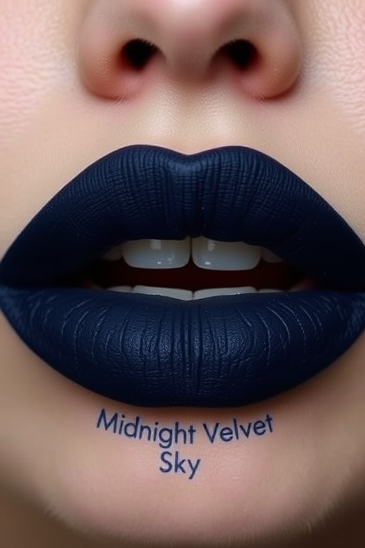 Deep navy blue lips with a matte suede texture and subtle navy shimmer, named "Midnight Velvet Sky"