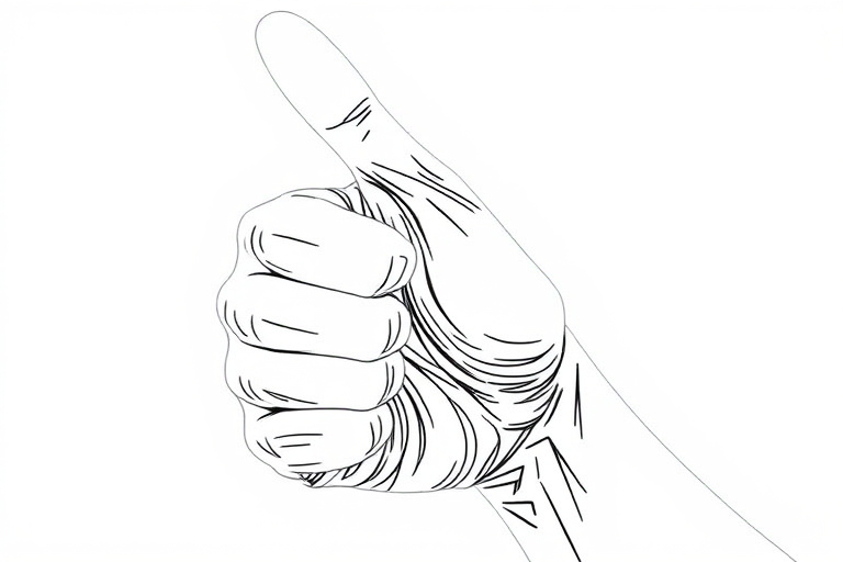 Generate a high-resolution line drawing of a thumbs-up hand gesture, camera settings f/5.6, shutter speed 1/250s, ISO 100, shot from a slightly elevated angle, using a DSLR camera with a macro lens to enhance details.