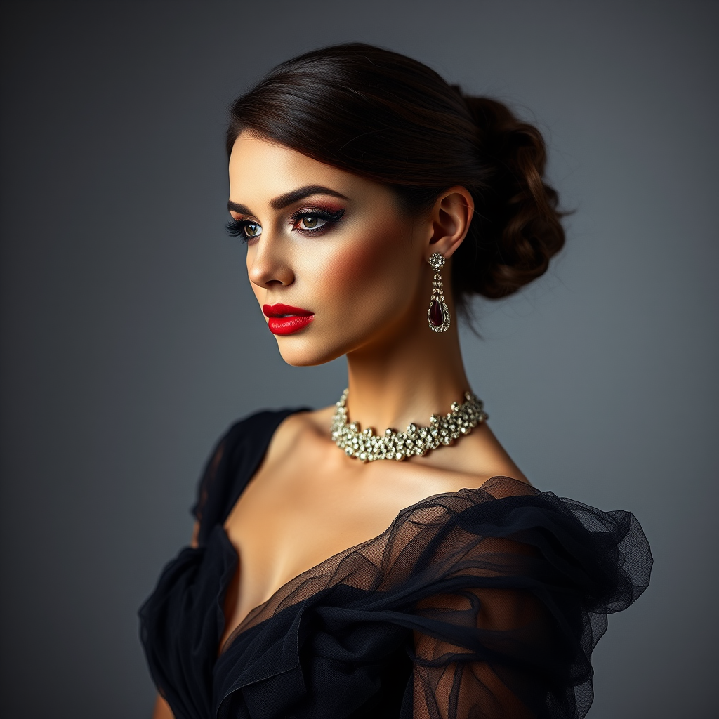 Studio portrait, female model, elegant couture dress, bold makeup, dramatic lighting, Shoot over the shoulder using a telephoto lens to focus on small details like jewelry, makeup, or fabric textures