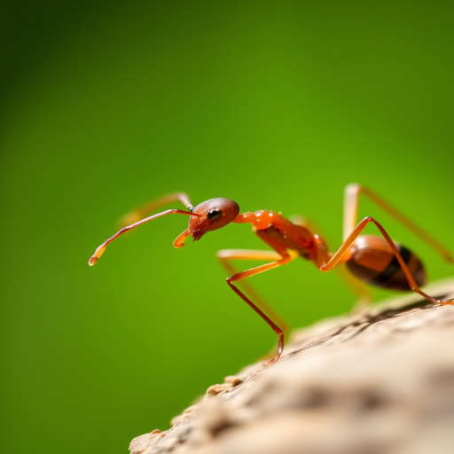Close-up of an ant with a blurred green background, 100mm macro lens, f/2.8 aperture, ISO 200, shallow depth of field, natural sunlight, high-resolution DSLR camera.