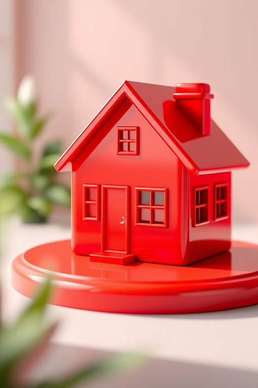 Create a high-resolution 3D rendering of a glossy red house on a red base, shot with a DSLR camera at f/1.8 aperture, ISO 100, with a 50mm lens, in soft natural lighting, focusing on the house to enhance details and vibrancy.