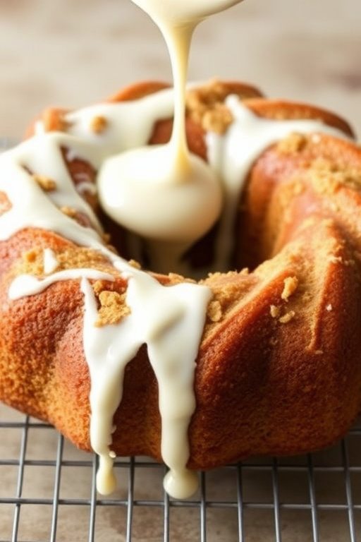 A delicious bundt cake with a golden-brown crust and a crumbly topping is placed on a cooling rack. Creamy white icing is being drizzled over the top, creating a glossy finish. The background is softly blurred to emphasize the cake.
