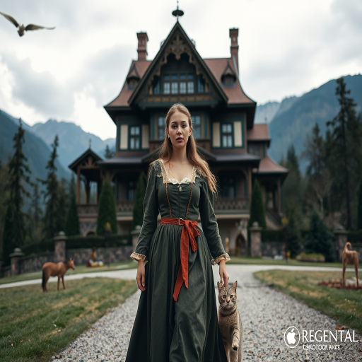 regenerate a scene featuring a female figure in a medieval outfit walking with a cat in front of an ornate house surrounded by trees and mountains, use a Canon EOS R5, 50mm lens, f/1.8 aperture, ISO 100, shoot with a wide-angle view and high dynamic range for enhanced detail and color saturation